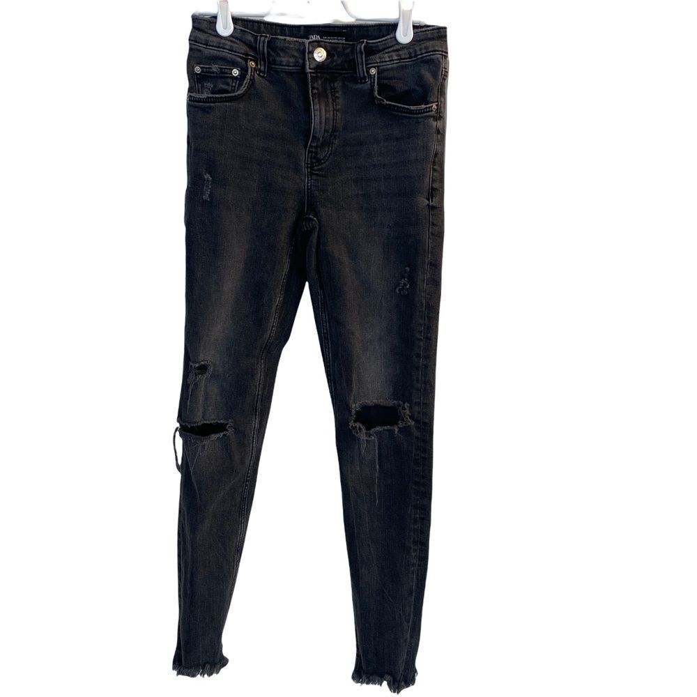 Zara Jeans Womens 4 Black Skinny Distressed Knee Frayed Hem High Rise Denim
